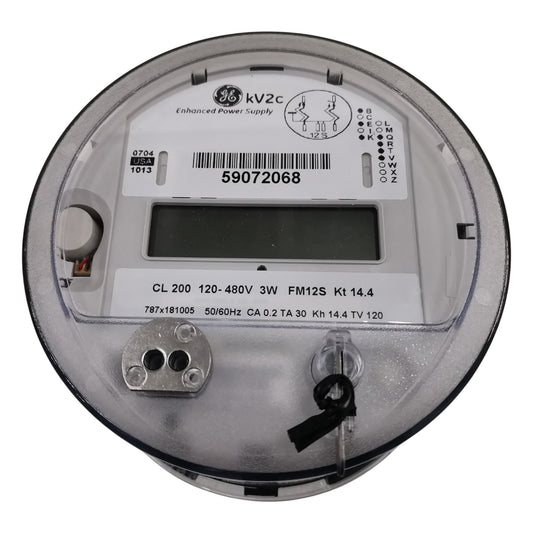 Electric meter with GE branding on a white background GE or Alcara KV2C FM12S KWH Meter 200A 3 Phase 3 Wire 120V to 480VAC 5 Jaws Electx Electrical Supply