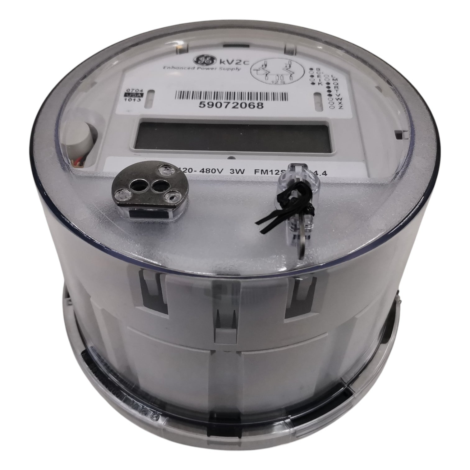 Electrical meter with visible branding on a white background GE or Alcara KV2C FM12S KWH Meter 200A 3 Phase 3 Wire 120V to 480VAC 5 Jaws Electx Electrical Supply