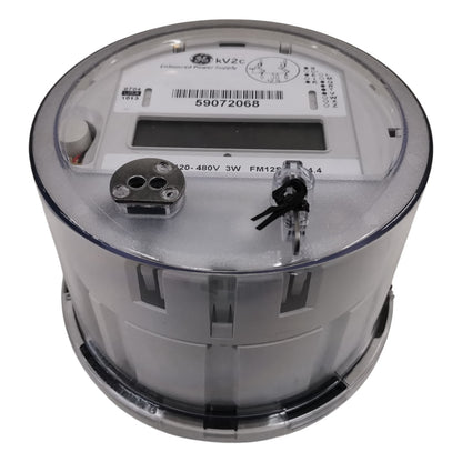 Electrical meter with visible branding on a white background GE or Alcara KV2C FM12S KWH Meter 200A 3 Phase 3 Wire 120V to 480VAC 5 Jaws Electx Electrical Supply