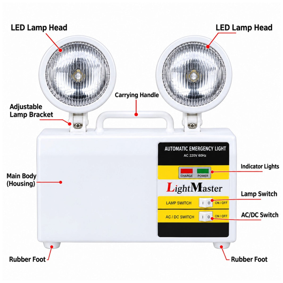 White emergency LED light with two adjustable lamp heads, a carrying handle, rubber feet, and a front control panel labeled LightMaster, shown with red callout lines identifying parts on a white background.