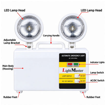 White emergency LED light with two adjustable lamp heads, a carrying handle, rubber feet, and a front control panel labeled LightMaster, shown with red callout lines identifying parts on a white background.
