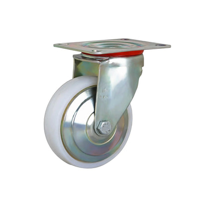A heavy-duty industrial caster wheel with a white rubber tire, a galvanized steel hub, and a square mounting plate with a red rubber gasket.