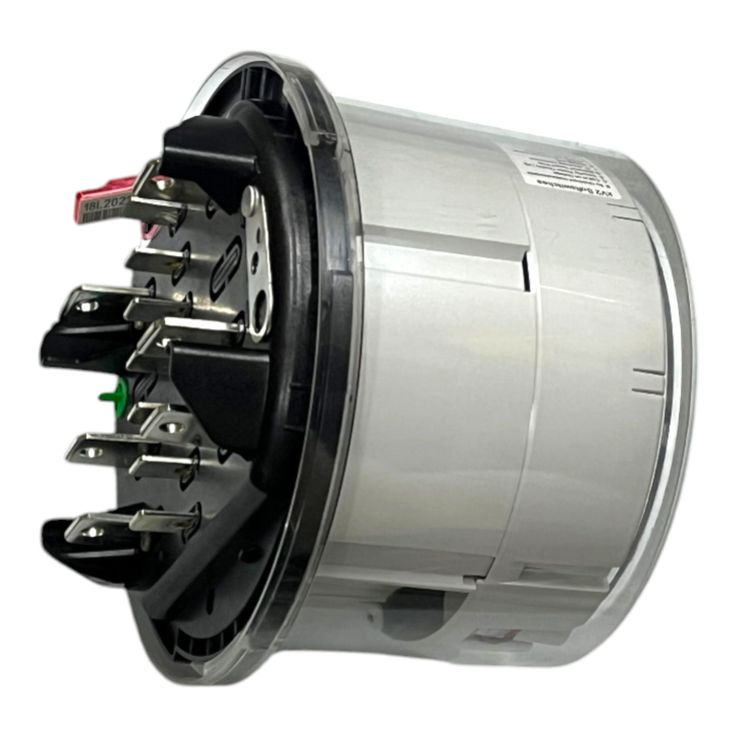 A cylindrical metal and plastic electrical component with multiple terminal posts and a black rubber gasket, shown on a plain white background.