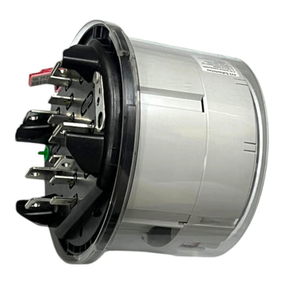 A cylindrical metal and plastic electrical component with multiple terminal posts and a black rubber gasket, shown on a plain white background.