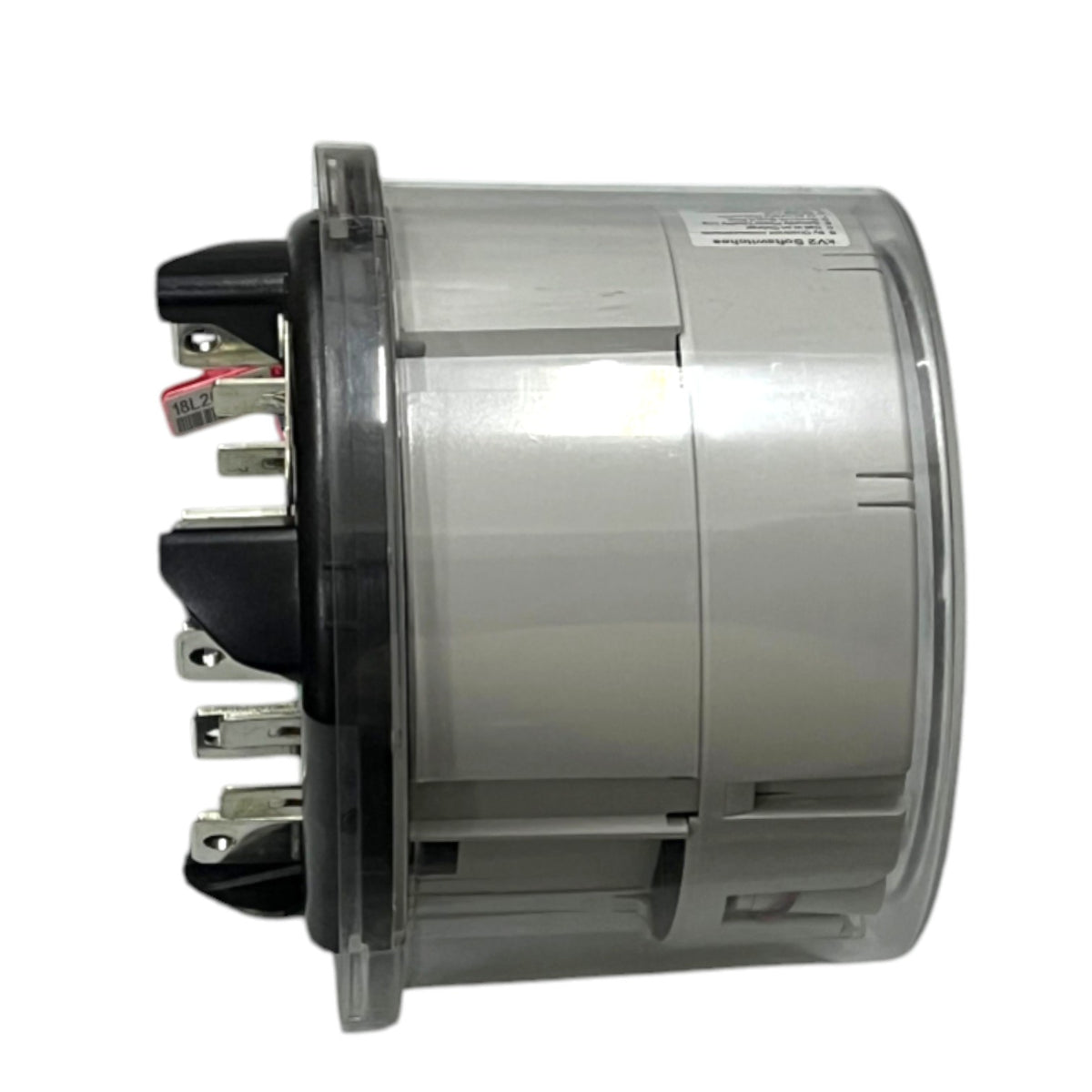 A cylindrical gray plastic electrical component or motor housing with a black terminal base and metal screw posts on the side, photographed against a plain white background.