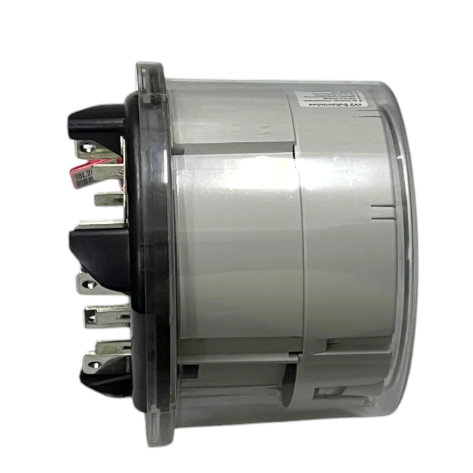 A cylindrical gray plastic electrical component or motor housing with a black terminal base and metal screw posts on the side, photographed against a plain white background.