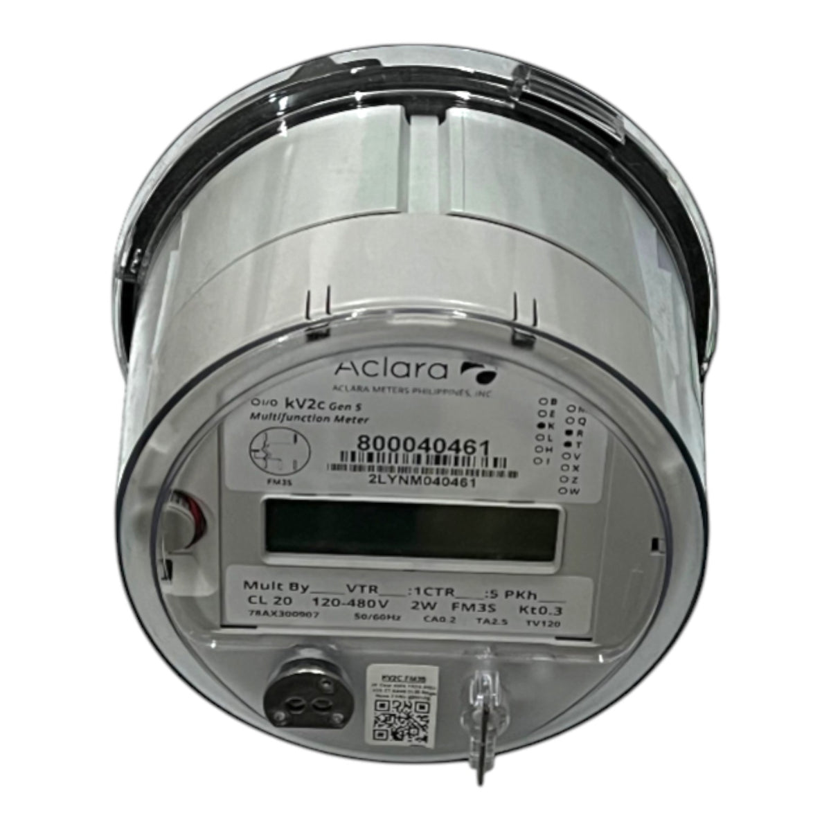 An Aclara multi-function meter with a brushed silver metal cylindrical body, a clear protective cover, a digital display window, and a hanging key, shown against a plain white background.