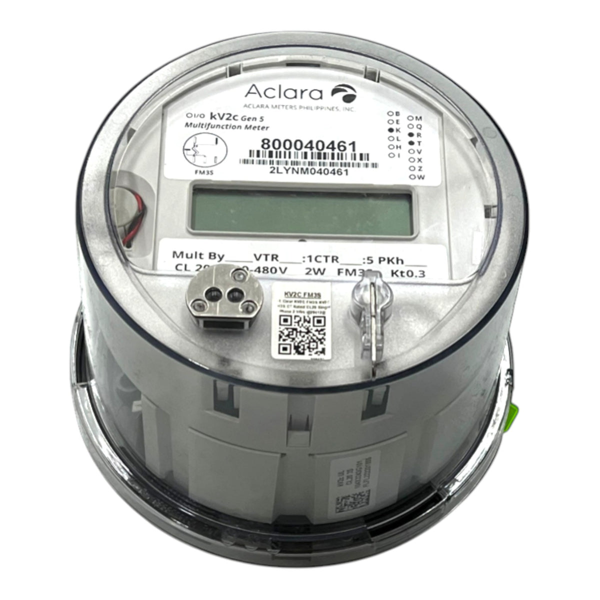 An Aclara multi-function meter (MF) 8000040461, akv2c gas 3, featuring a digital display screen, terminal connectors, and a key on a transparent casing, isolated on a white background.