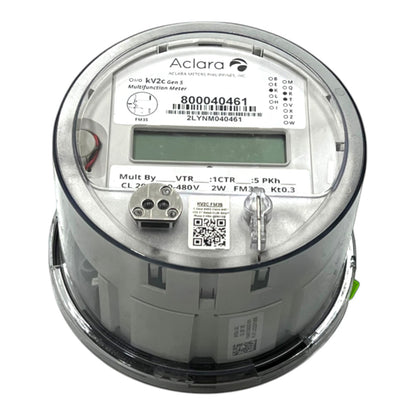 An Aclara multi-function meter (MF) 8000040461, akv2c gas 3, featuring a digital display screen, terminal connectors, and a key on a transparent casing, isolated on a white background.