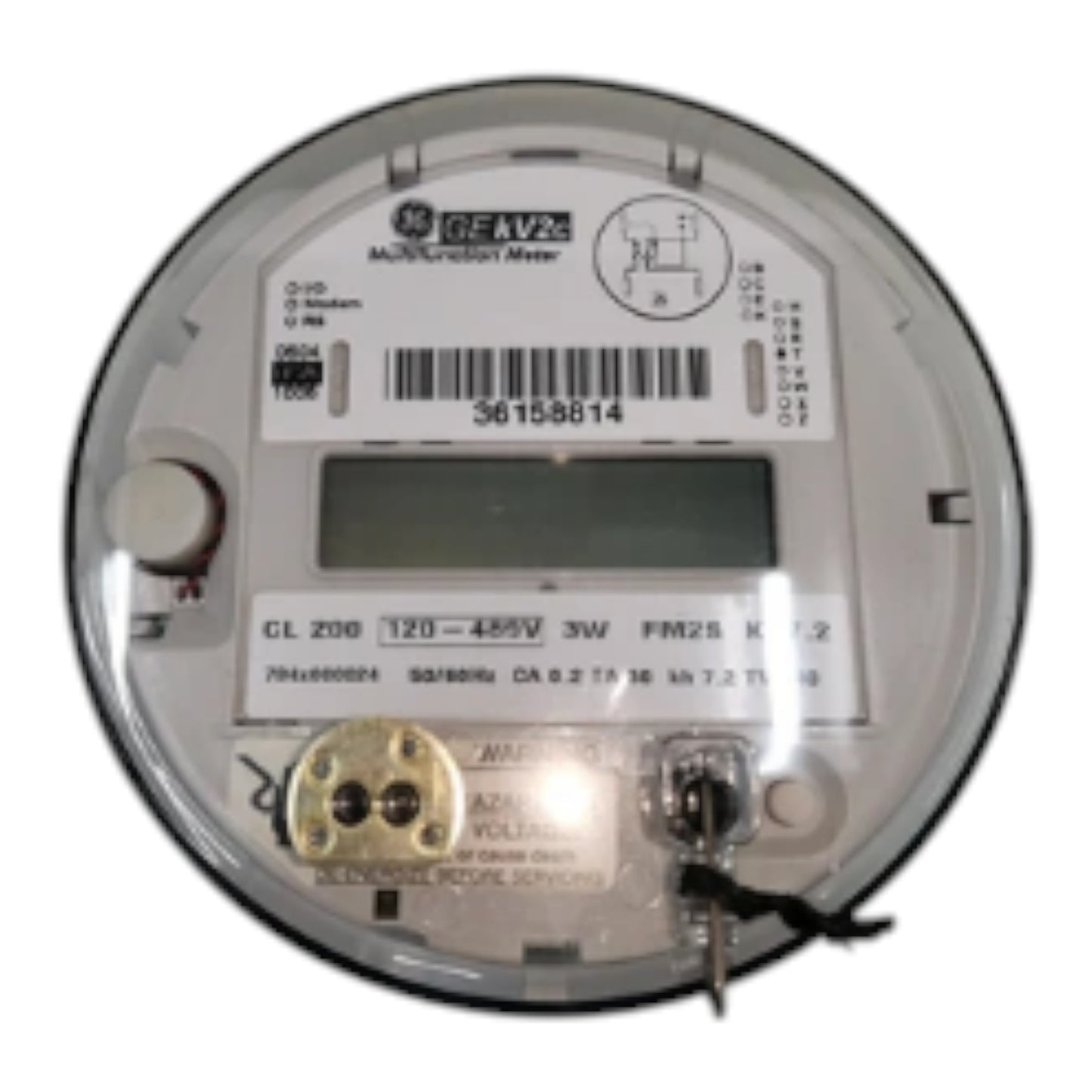 A GE Avanti multi-function digital electricity meter with a clear circular housing, showing internal components, a barcode label, and a small display screen.