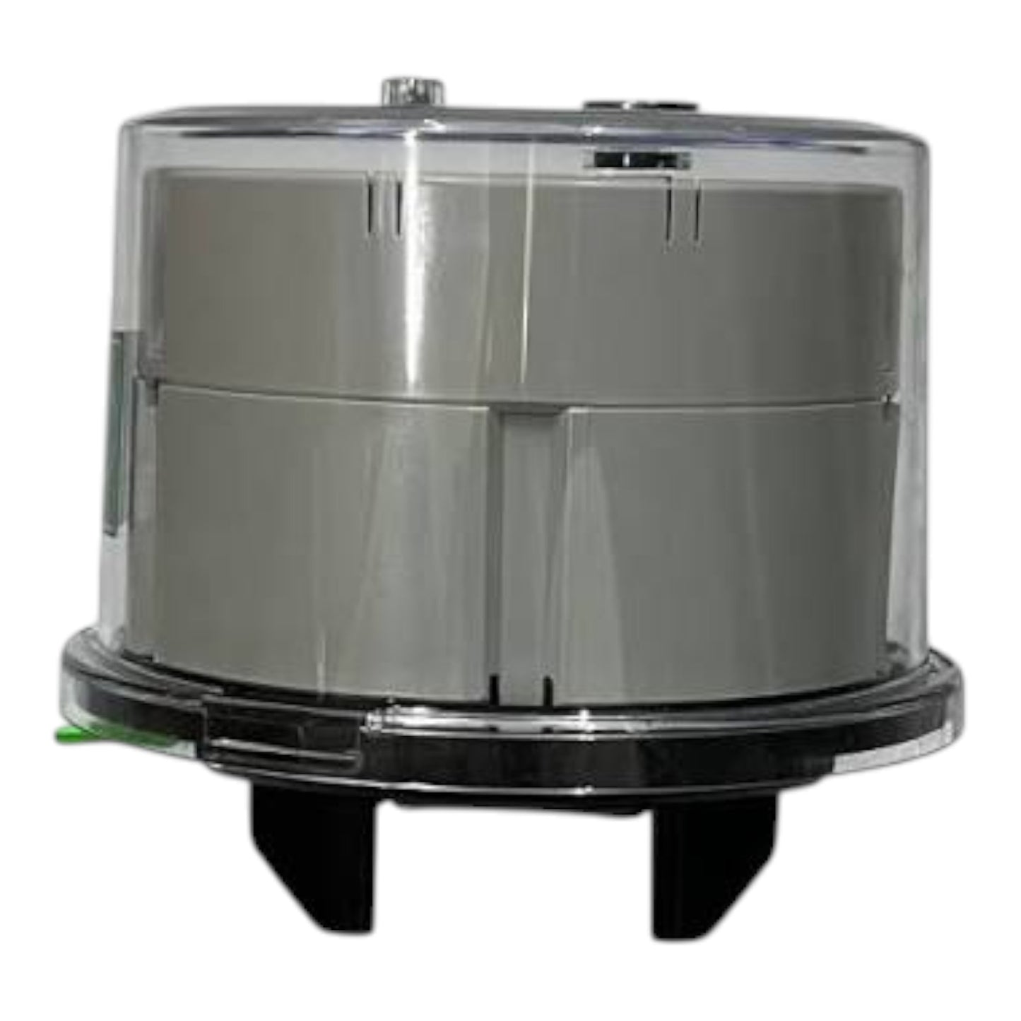 A gray cylindrical industrial component with a clear plastic protective cover, black base, and small green wire detail, shown on a plain white background.