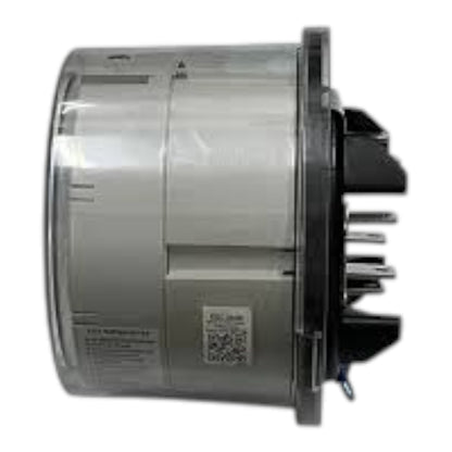 A cylindrical appliance replacement part, likely a motor or compressor housing, featuring a silver metallic body, a clear protective plastic wrap, and black plastic mounting brackets on the side.