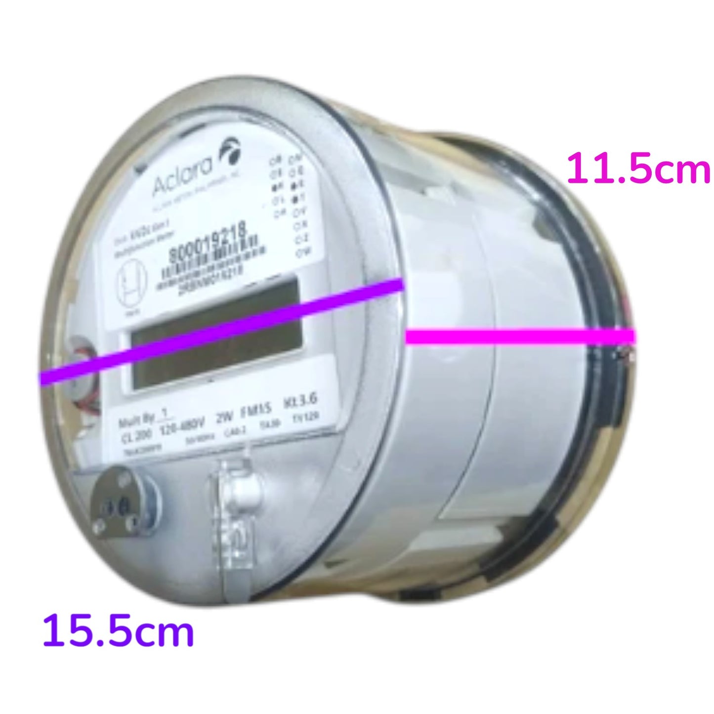 A cylindrical Aclora electrical meter shown on a white background with purple dimension lines and text indicating 15.5cm and 11.