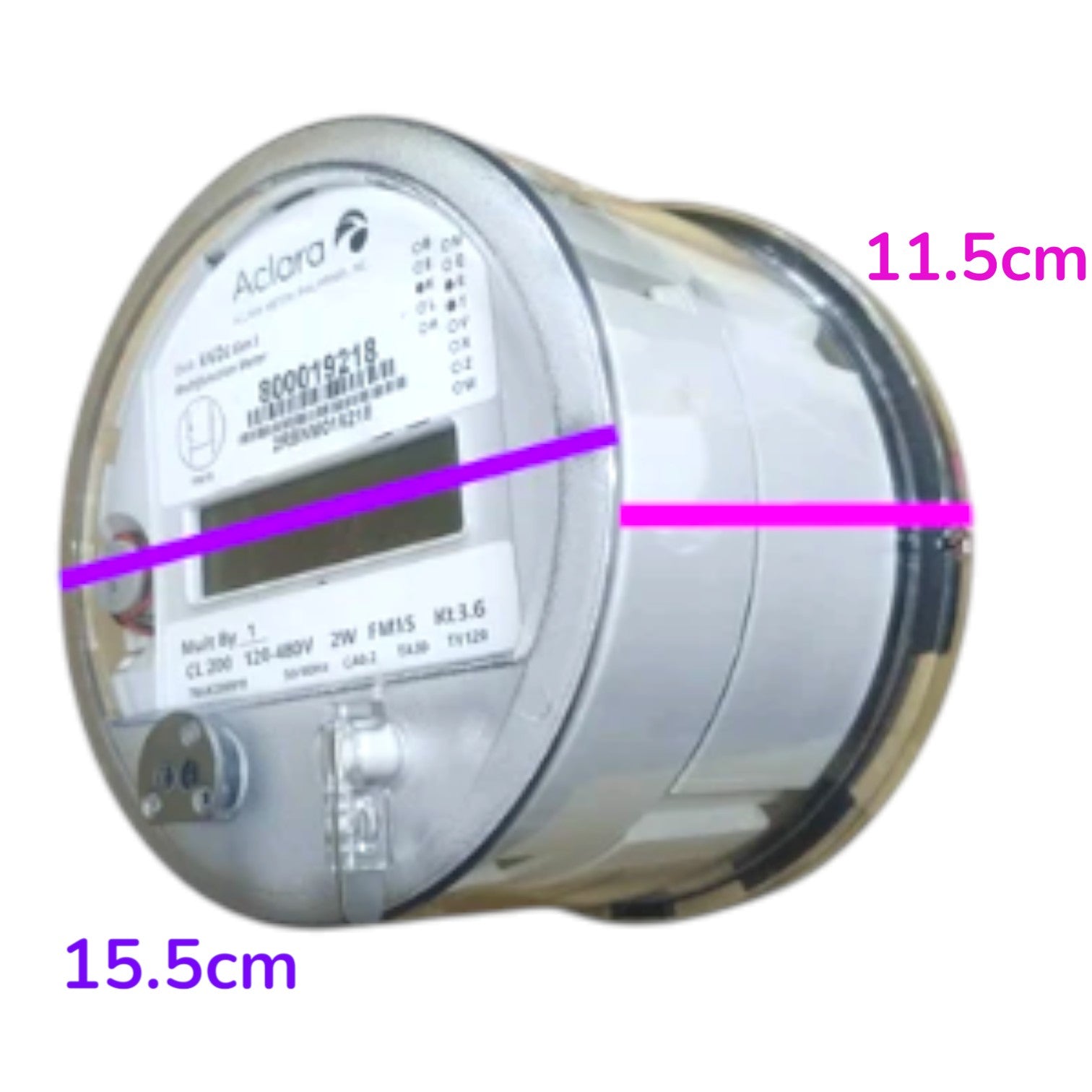 A cylindrical Aclora electrical meter shown on a white background with purple dimension lines and text indicating 15.5cm and 11.