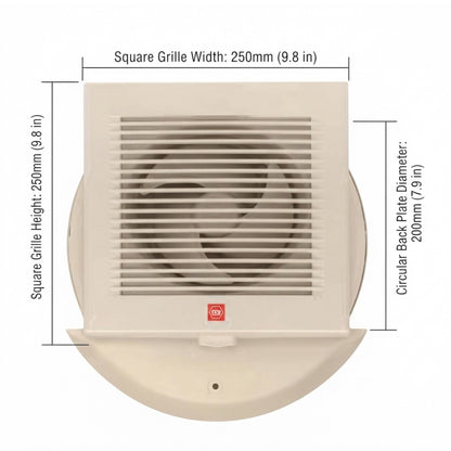 A top-down product diagram of a square vent fan with dimension labels showing a square grille width of 250mm (9.8 in), a square grille height of 250mm (9.