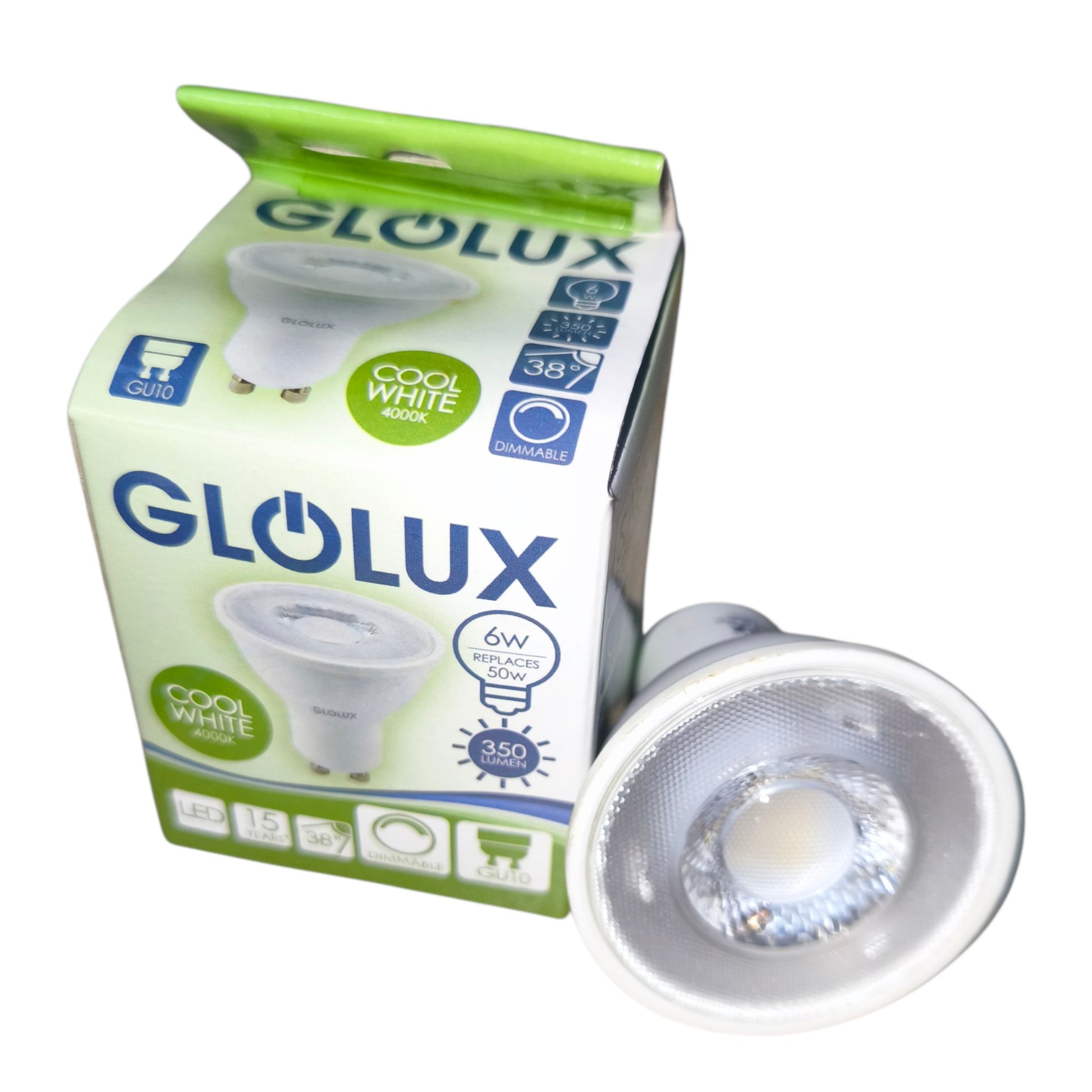 Glolux LED bulb packaging with a bulb on a white background