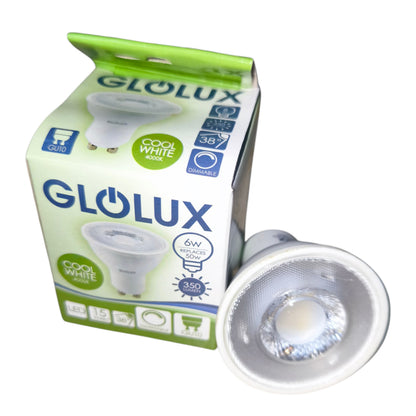 Glolux LED bulb packaging with a bulb on a white background
