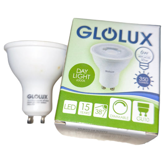 Glowlux LED light bulb and packaging on a white background