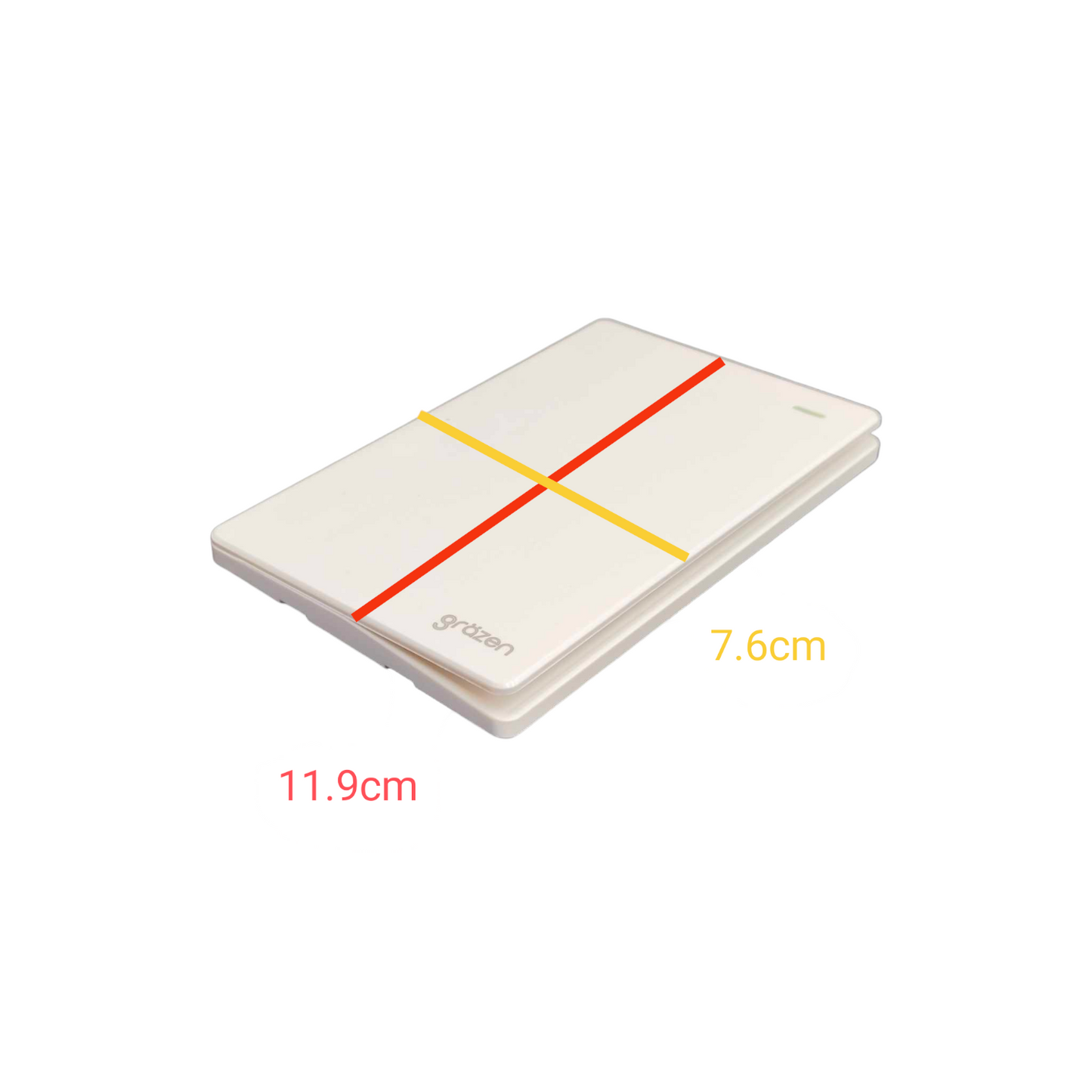 A white rectangular hard case with a red and yellow cross-shaped stripe design on top, shown on a white background with dimension labels indicating 11.9cm width, 7.
