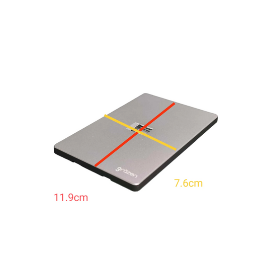 A rectangular gray measuring board with red and yellow crosshatched guide lines, shown on a white background with dimension labels '11.9cm' and '7.