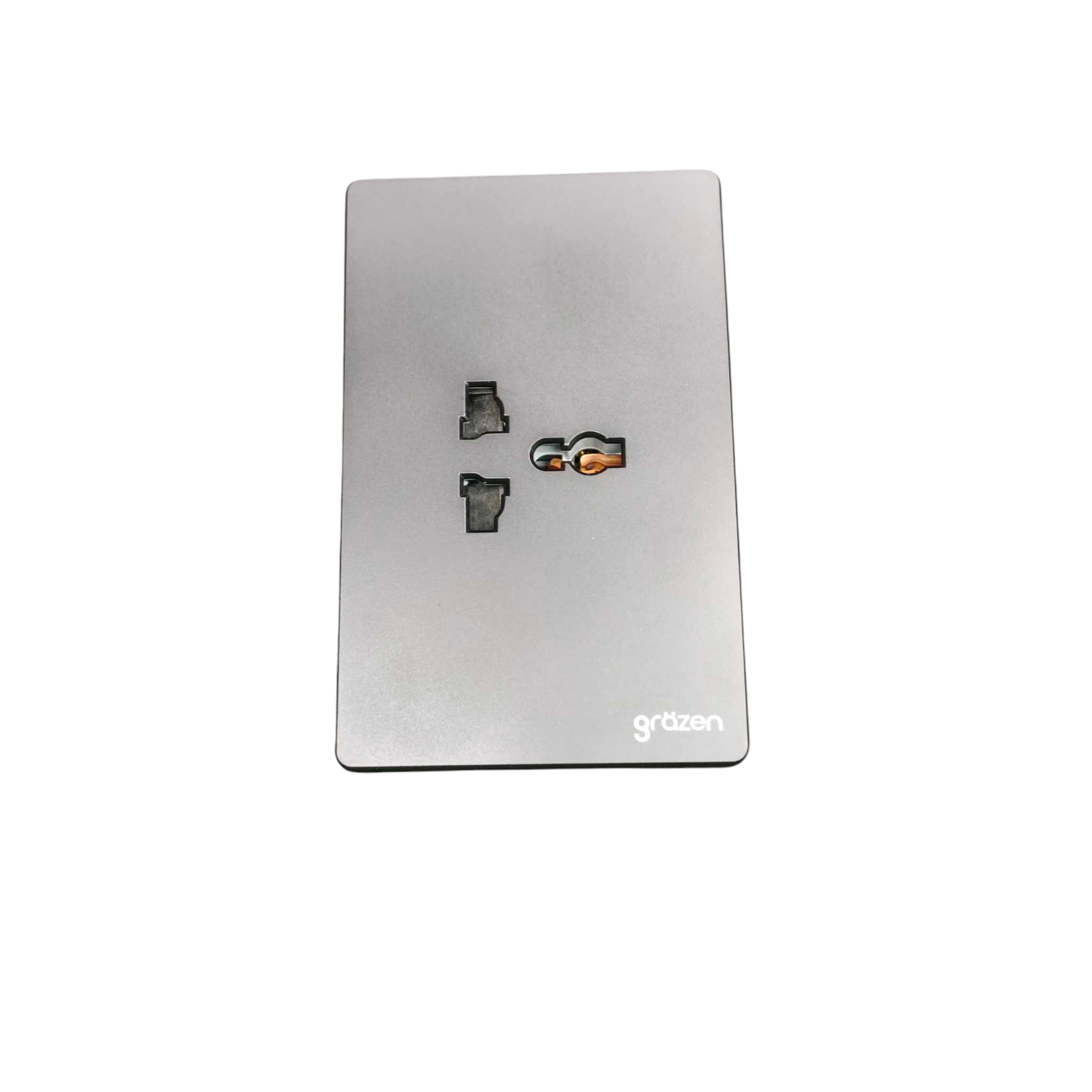 A rectangular brushed silver metal electrical outlet cover plate with two outlets and a small brand logo at the bottom right, shown on a plain white background.
