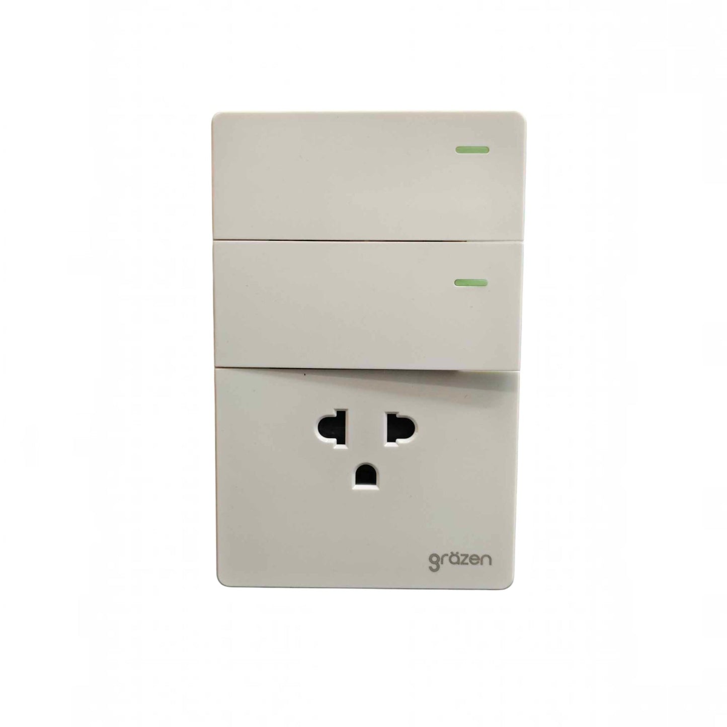 A white Grätzen multi-outlet power strip with two stacked rectangular sections, featuring a UK three-pin wall plug on the lower half and small green indicator lights on the upper sections, set against a plain white background.