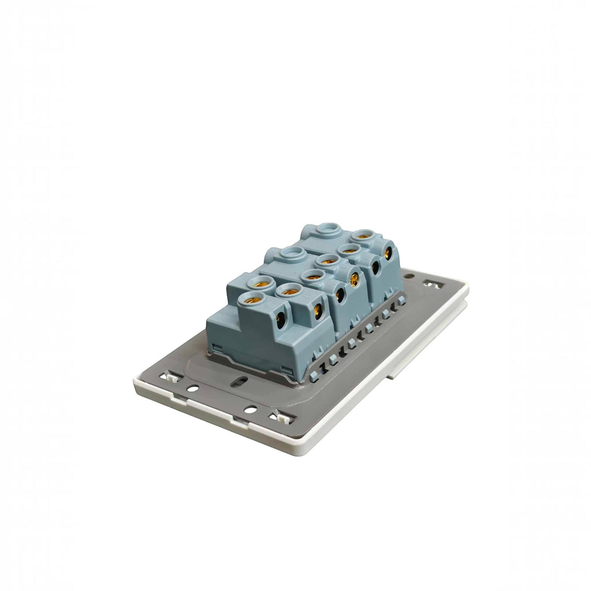 A light blue electrical terminal block connector mounted on a gray metal base plate, shown on a plain white background.