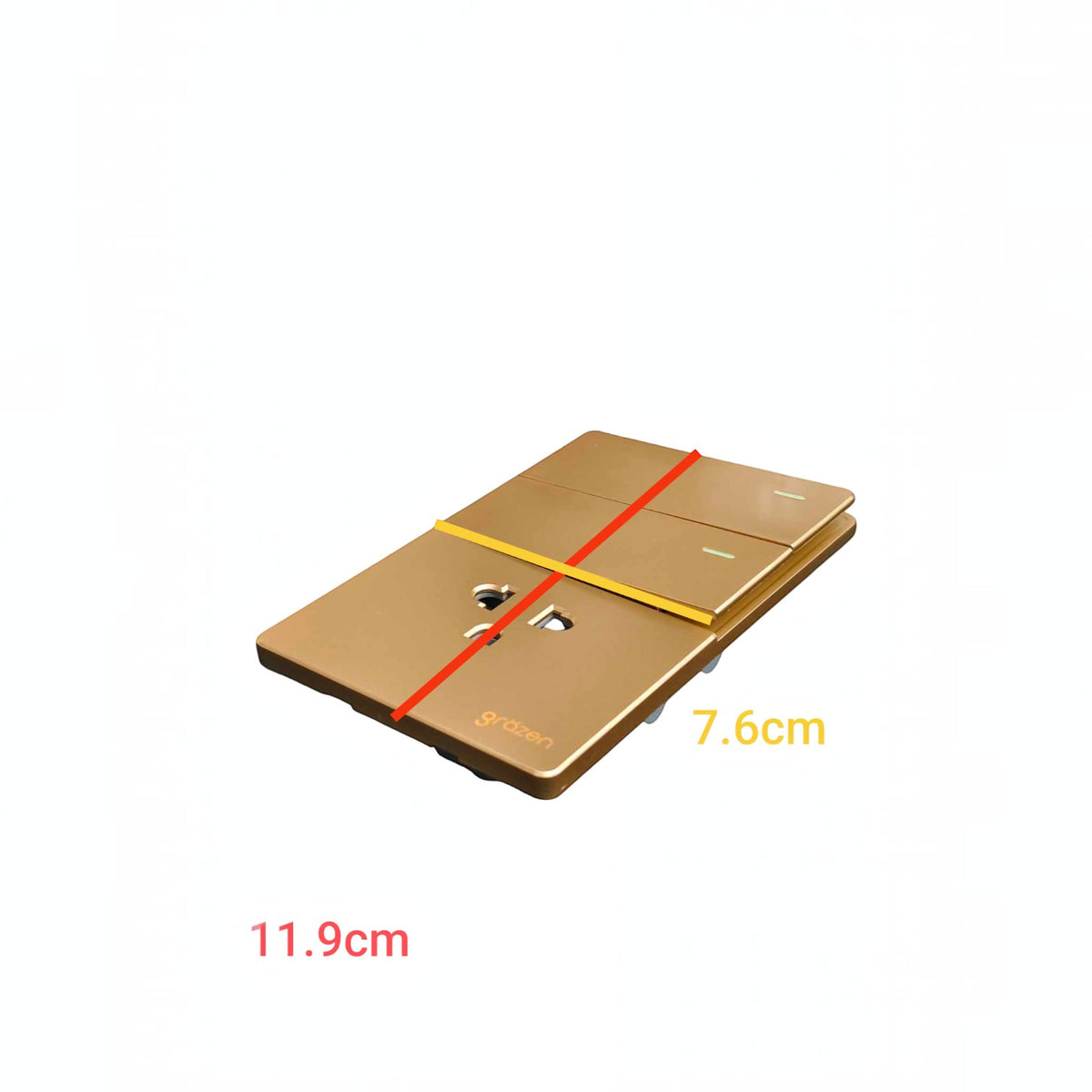 A square wall switch panel in a metallic gold finish, shown on a white background with red and yellow measurement lines and text indicating dimensions 11.9cm and 7.