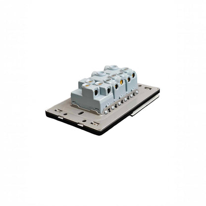 A light blue electrical terminal block mounted on a dark gray metal base plate, shown from an elevated perspective against a plain white background.