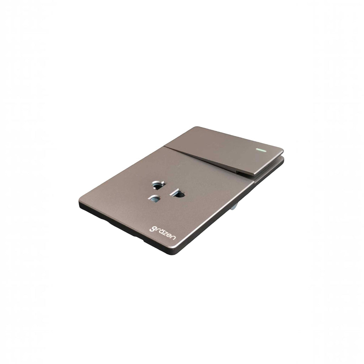 A modern wall switch panel with integrated power outlets, featuring a metallic taupe finish and the 'sdzoon' brand name printed near the bottom.
