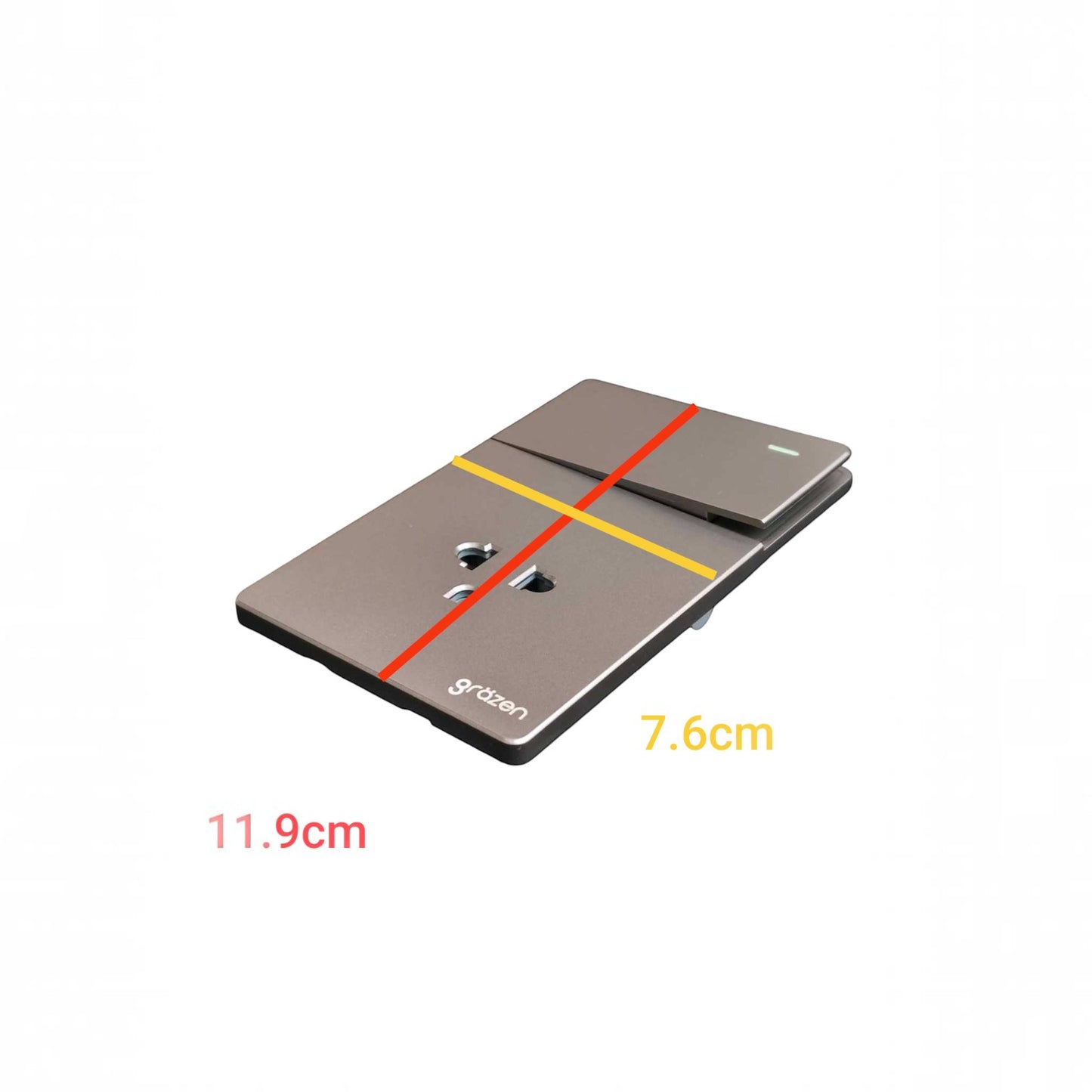A wall-mounted double switch plate set in a warm metallic taupe finish, shown with red and yellow dimension lines and text indicating measurements of 11.9cm and 7.
