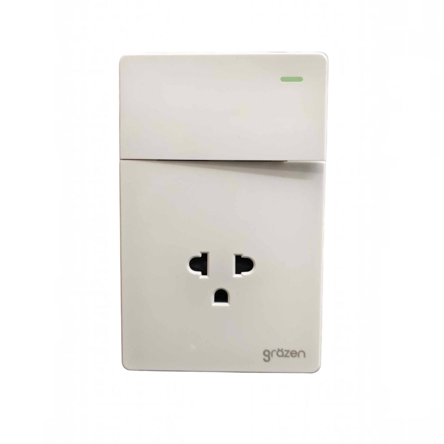 A white double outlet wall socket with a small green LED indicator light on the top panel and the brand name 'gräzen' printed in the bottom right corner, shown against a plain white background.