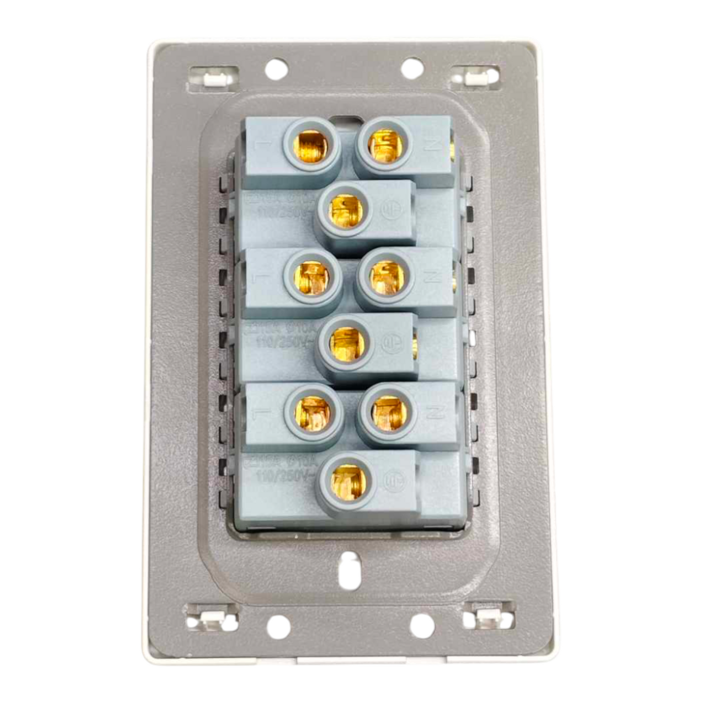 A 6-pin modular electronic terminal block with light gray plastic connectors and gold-plated pins, mounted on a silver metal backplate.