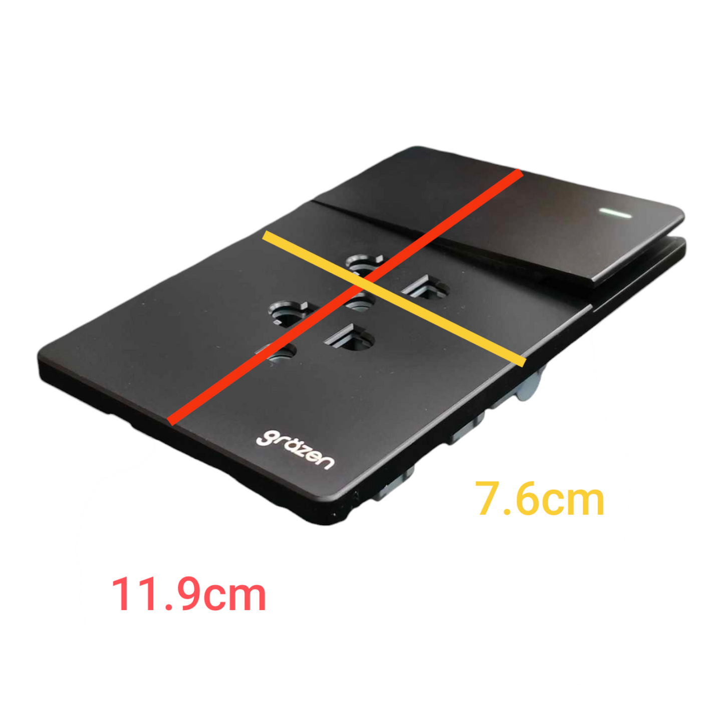 Black wall outlet cover plate with overlaid red and yellow measurement lines and dimensions 11.9cm and 7.