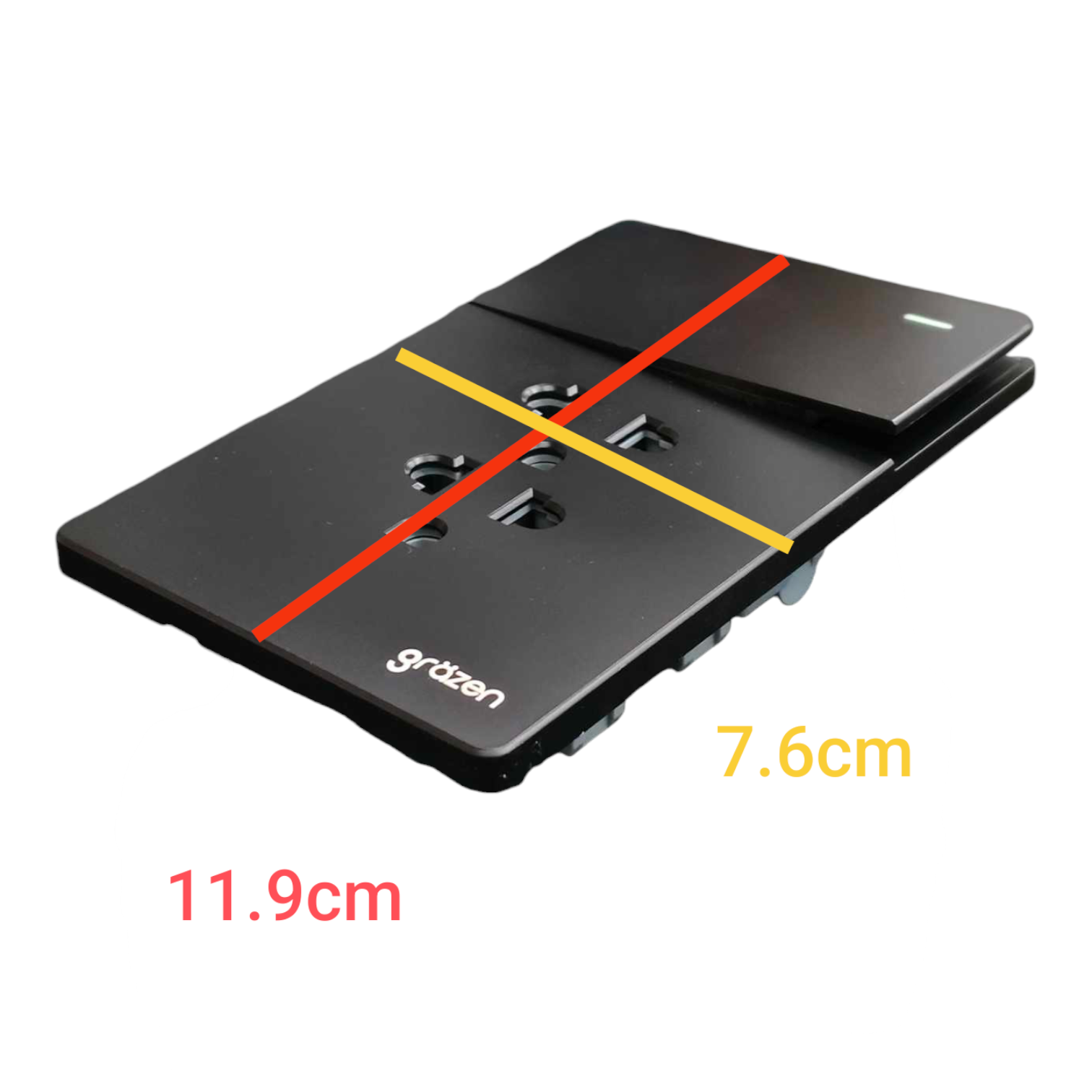 Black wall outlet cover plate with overlaid red and yellow measurement lines and dimensions 11.9cm and 7.