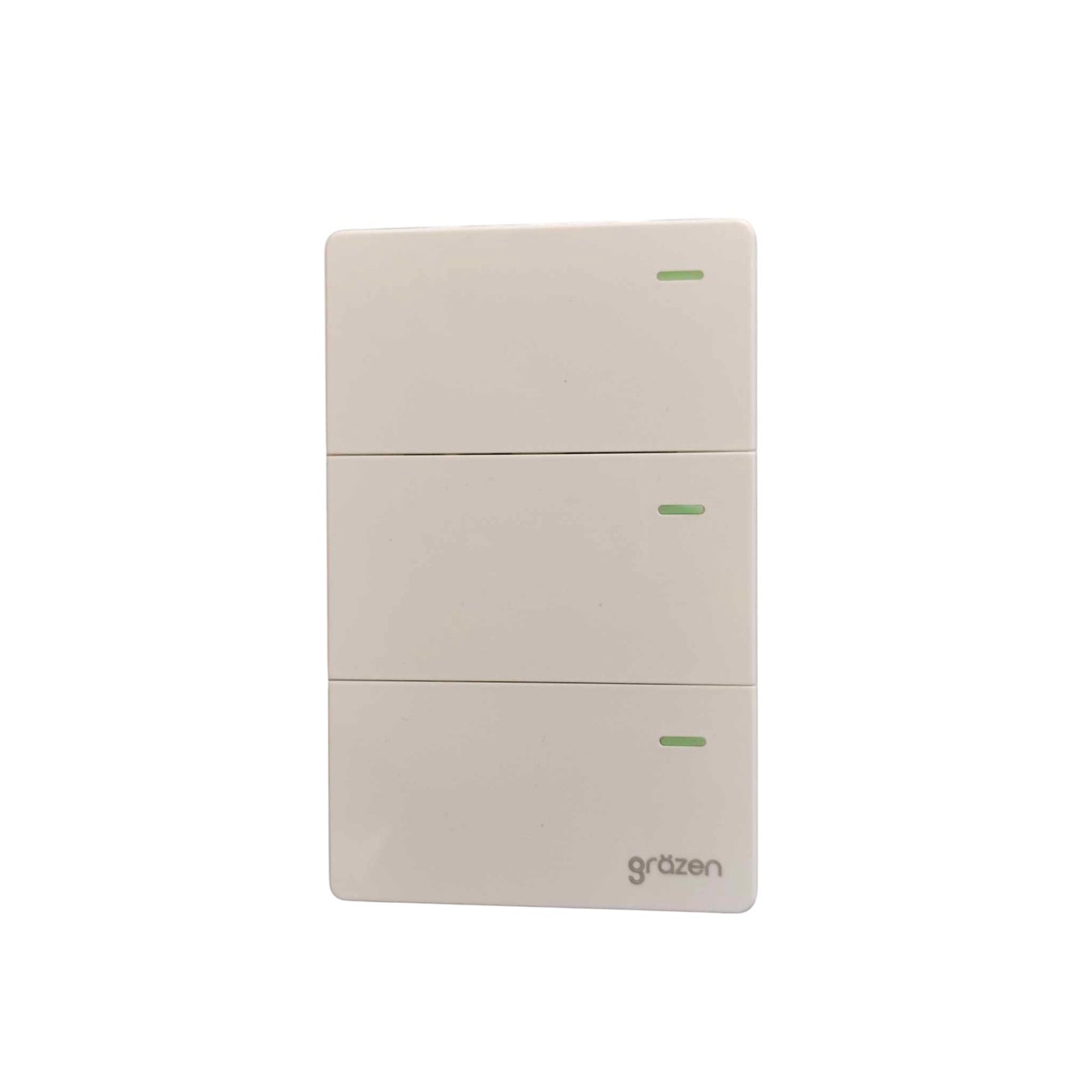 A three-button wall switch panel by Grazen, featuring a minimalist off-white plastic design with small green indicator lights on each button.