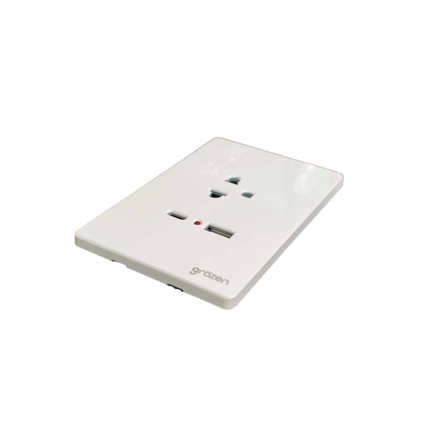 A white wall-mounted UK three-pin power outlet with a small USB-C port integrated into the bottom edge, branded with the 'grazen' logo, shown on a plain white background.