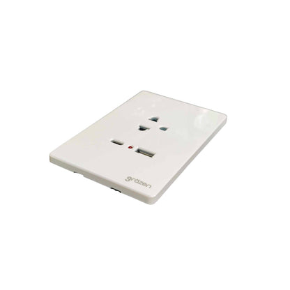 A white wall-mounted UK three-pin power outlet with a small USB-C port integrated into the bottom edge, branded with the 'grazen' logo, shown on a plain white background.