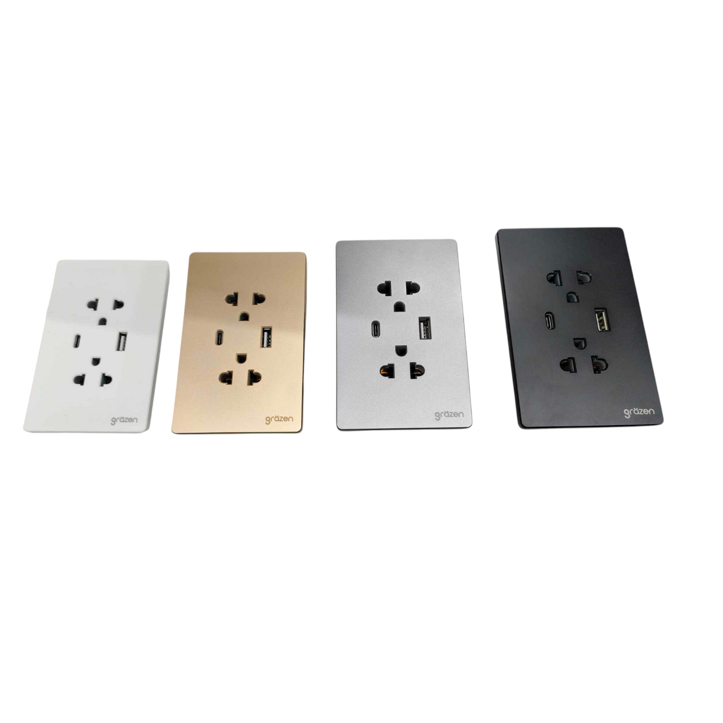 Four rectangular wall outlets in different finishes shown side by side on a white background: white, champagne gold, silver, and black. Each outlet has multiple ports including USB-C, USB-A, and power outlets.