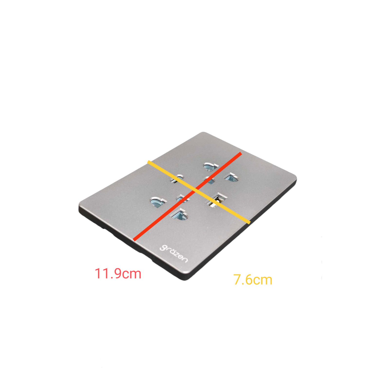 A square metal mounting plate shown on a white background with overlaid dimension lines and text indicating 11.9cm and 7.