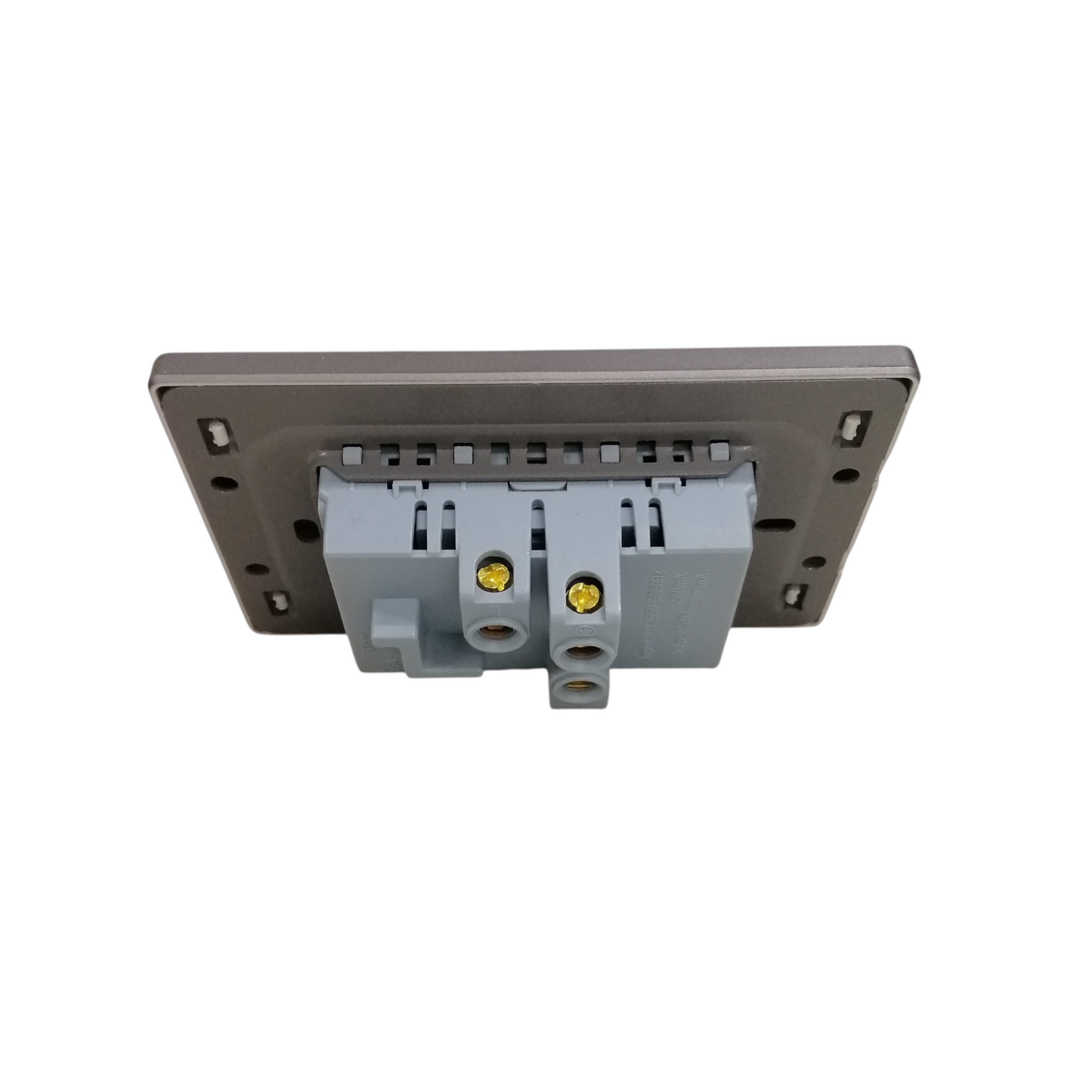 A gray and dark gray industrial electrical terminal block connector with two yellow terminal screws, shown against a plain white background.