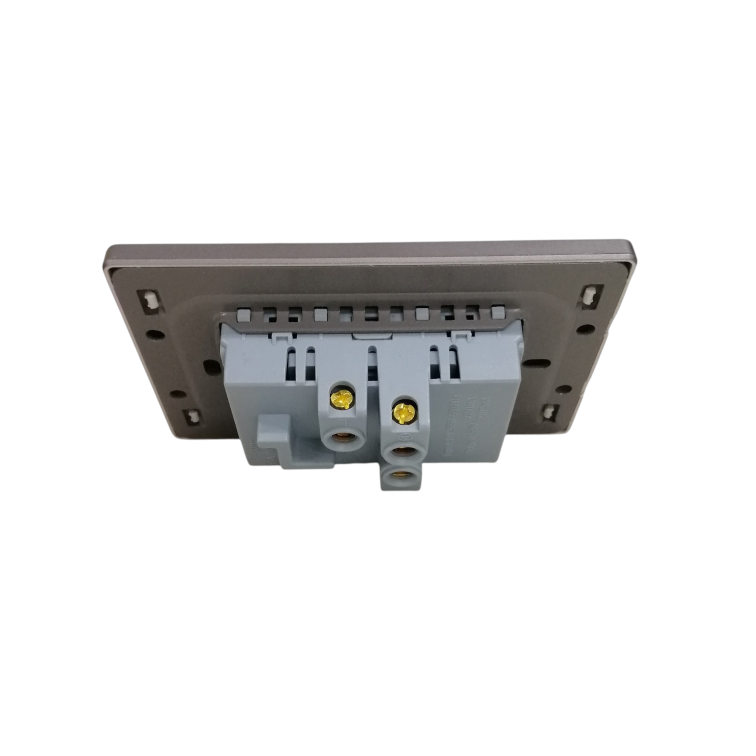 A gray and dark gray industrial electrical terminal block connector with two yellow terminal screws, shown against a plain white background.
