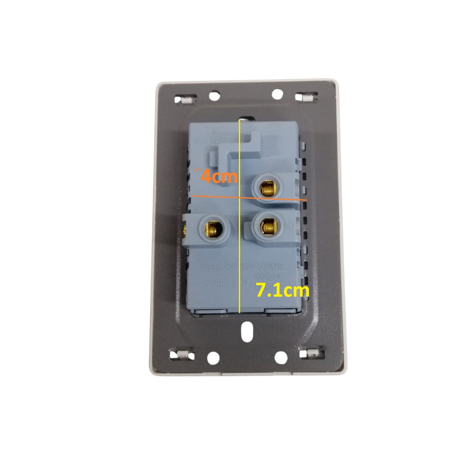 A gray electrical outlet backplate with a light blue terminal block showing dimension markings of 4cm and 7.1cm on a white background.