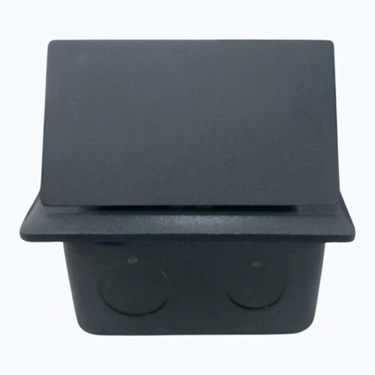 Black plastic container with a lid on a white background