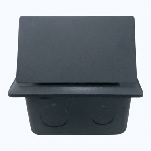 Black plastic container with a lid on a white background