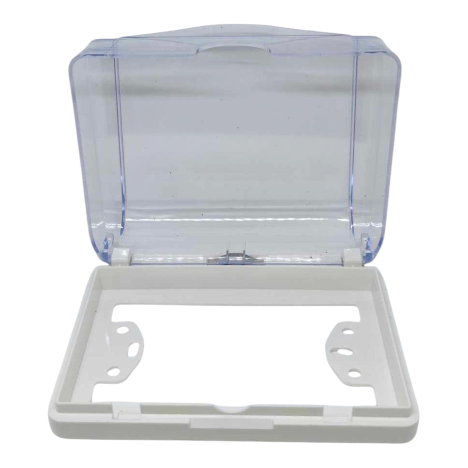 A clear plastic storage box with a hinged lid, shown open to reveal a white plastic base frame with mounting holes.