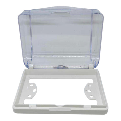 A clear plastic storage box with a hinged lid, shown open to reveal a white plastic base frame with mounting holes.