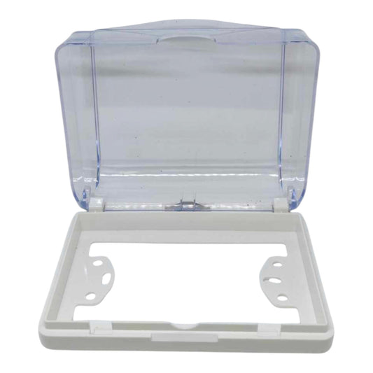 A clear plastic storage box with a hinged lid, shown open to reveal a white plastic base frame with mounting holes.