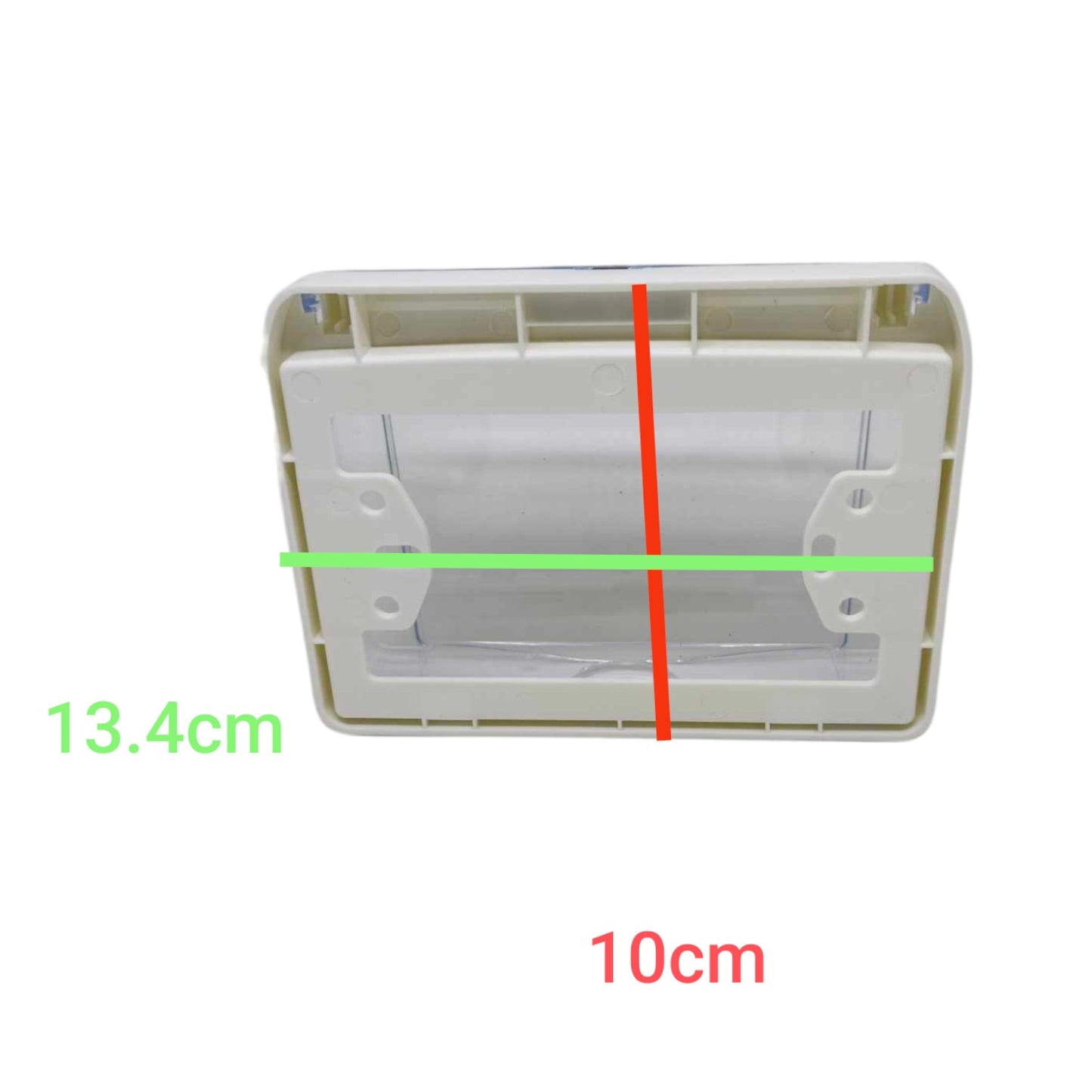 A white plastic rectangular cover or frame shown on a light gray background with green, red, and black measurement lines and text labels indicating dimensions 13.4cm, 10cm, and a vertical red line.