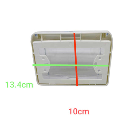 A white plastic rectangular cover or frame shown on a light gray background with green, red, and black measurement lines and text labels indicating dimensions 13.4cm, 10cm, and a vertical red line.
